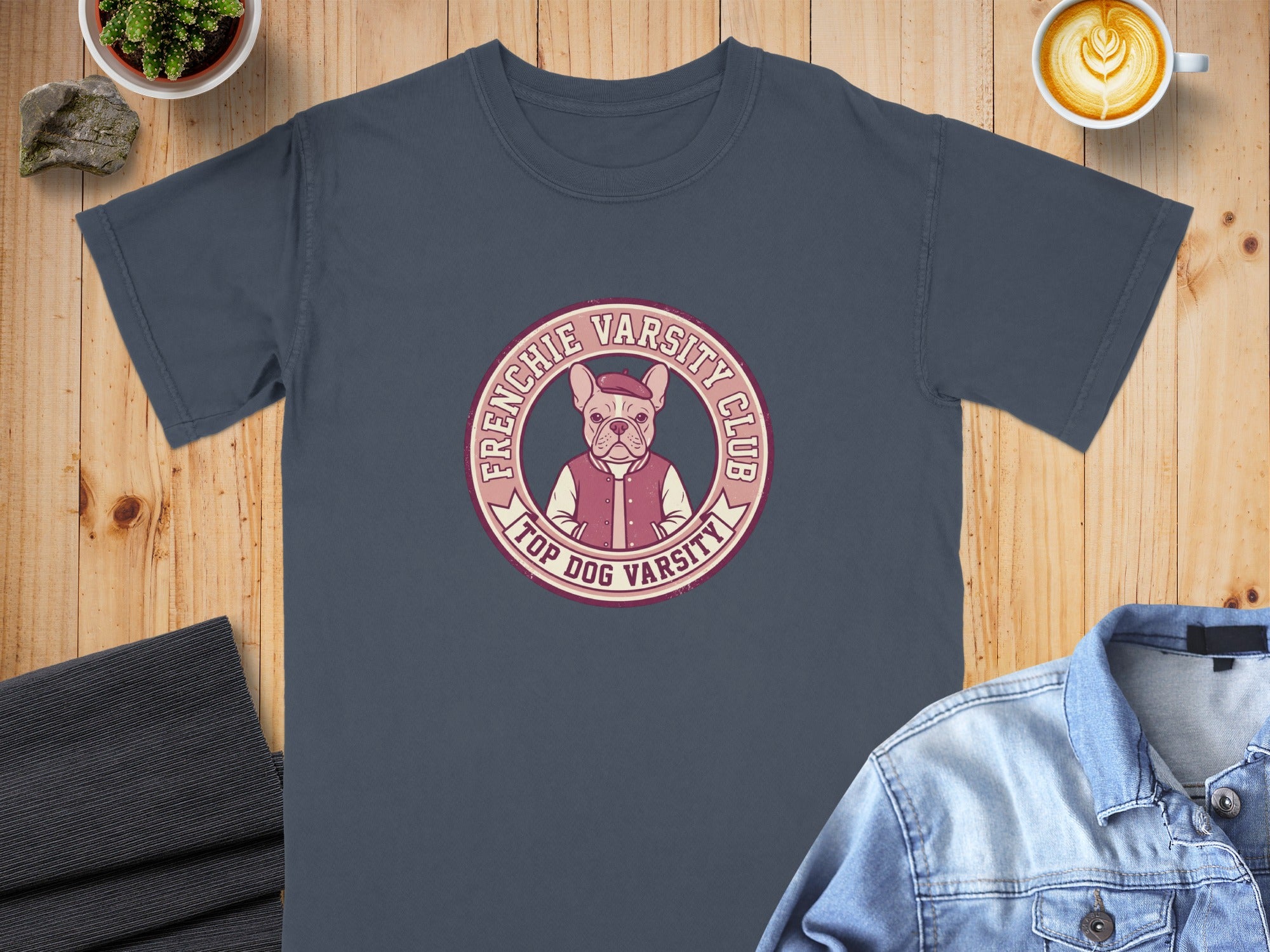 French Bulldog in a varsity crest with "Frenchie Varsity Club" and "Top Dog Varsity".