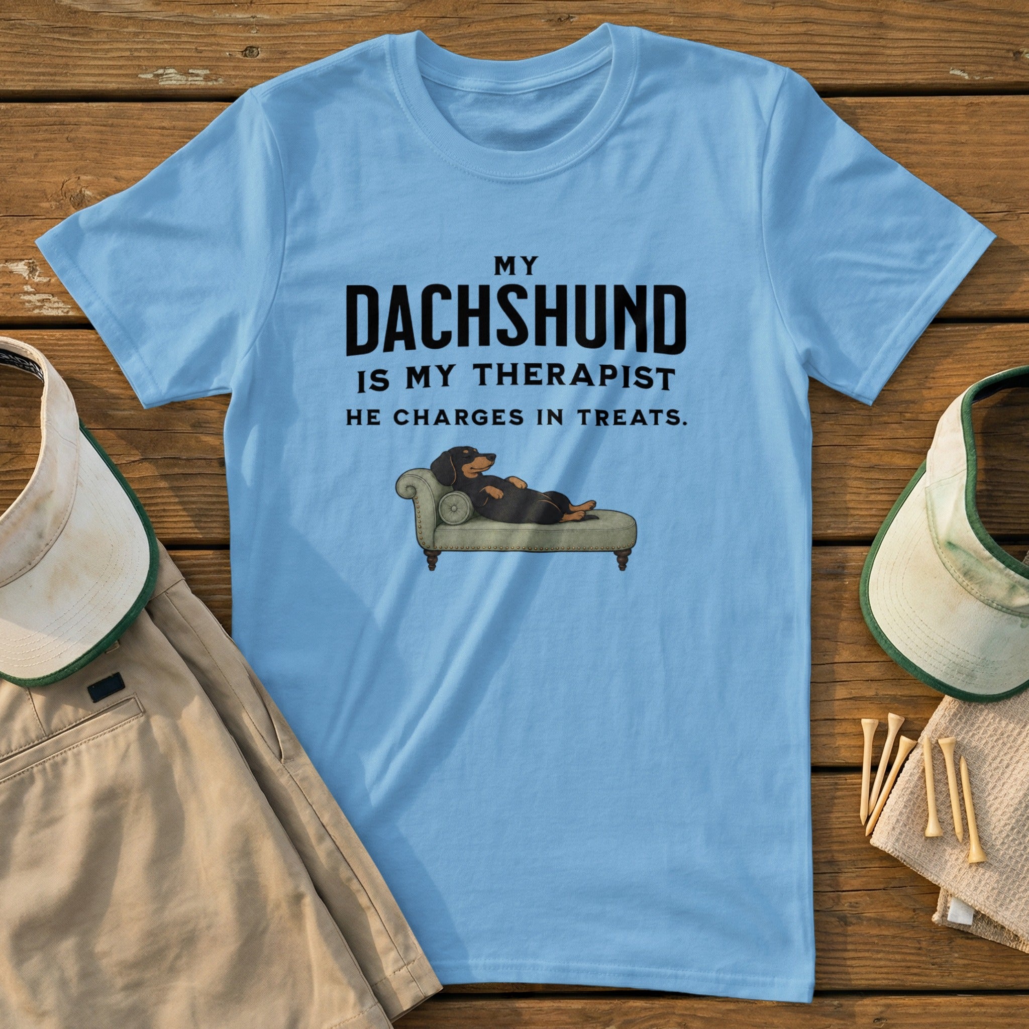 Light blue t-shirt with "My Dachshund is my therapist" text and cartoon dog.