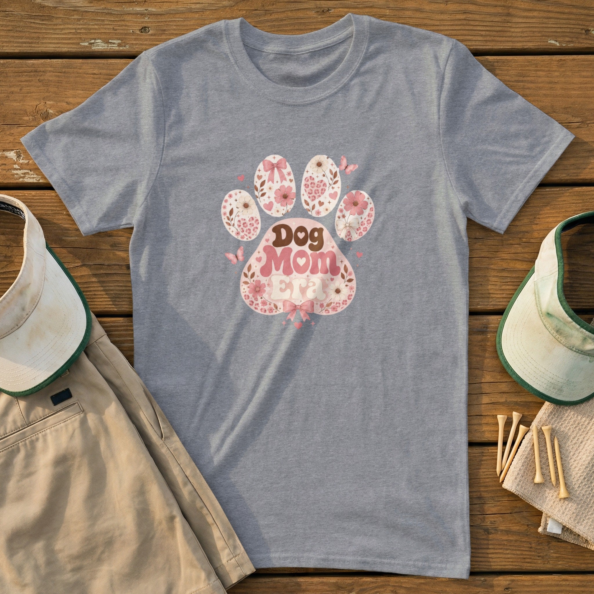 Gray t-shirt with a pink floral dog paw print design and "Dog Mom" text.