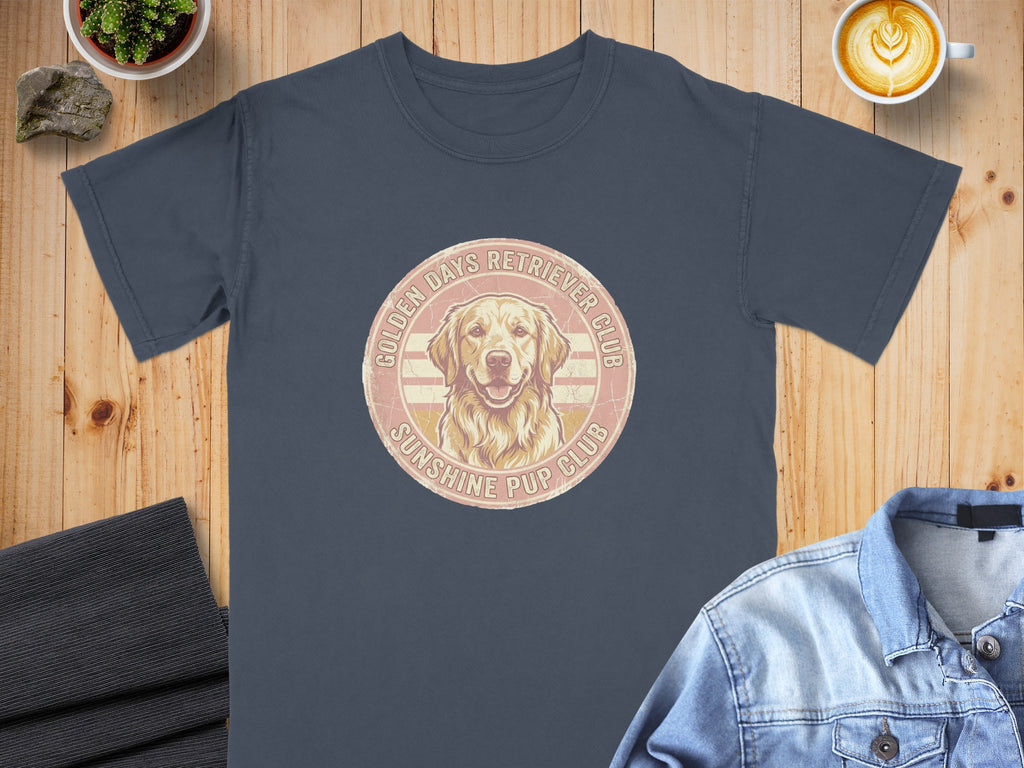 Golden Retriever wearing sunglasses on t-shirt with "Sunshine Pup Club" text.