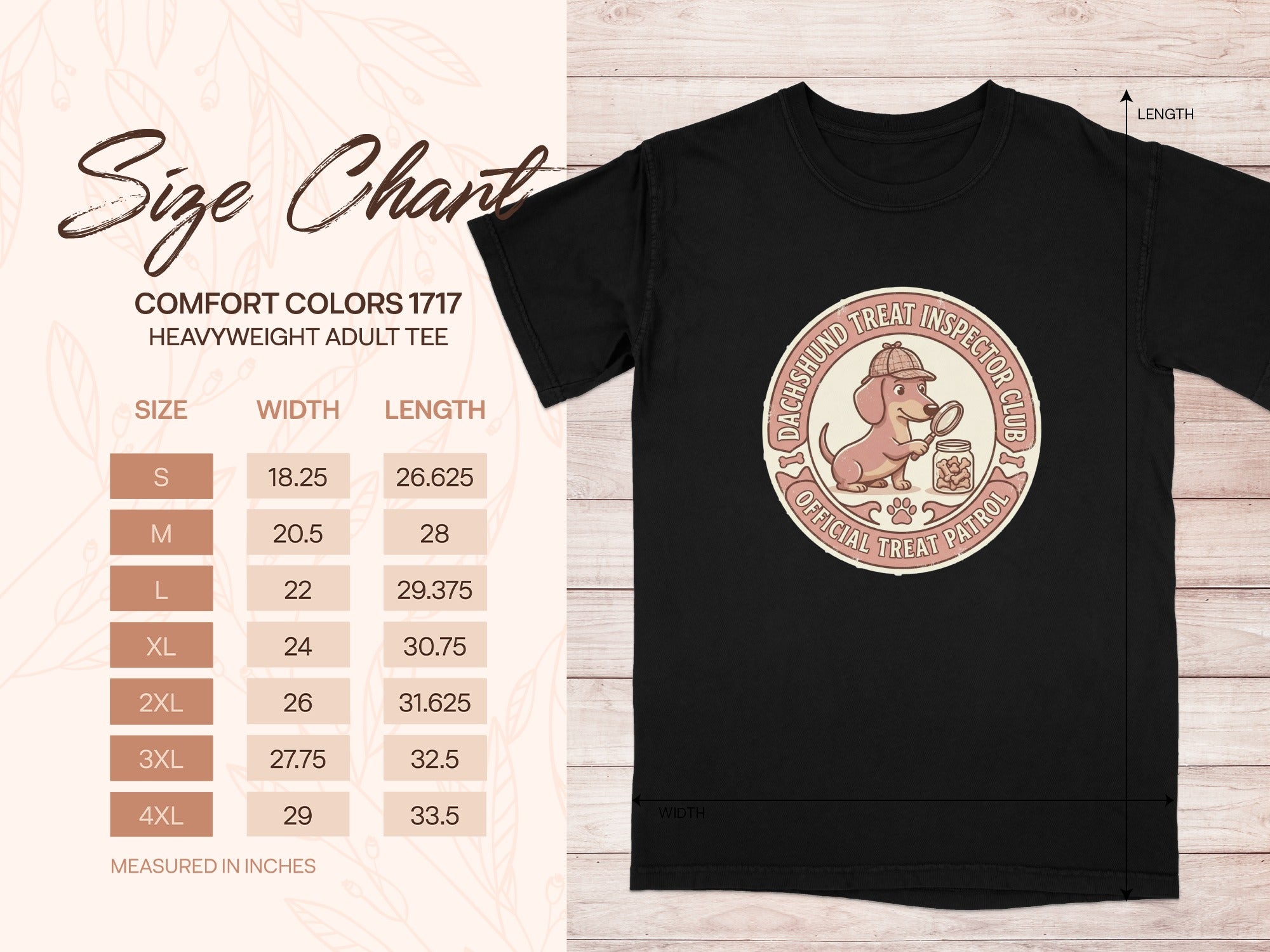 Size chart for a Comfort Colors 1717 heavyweight adult tee.