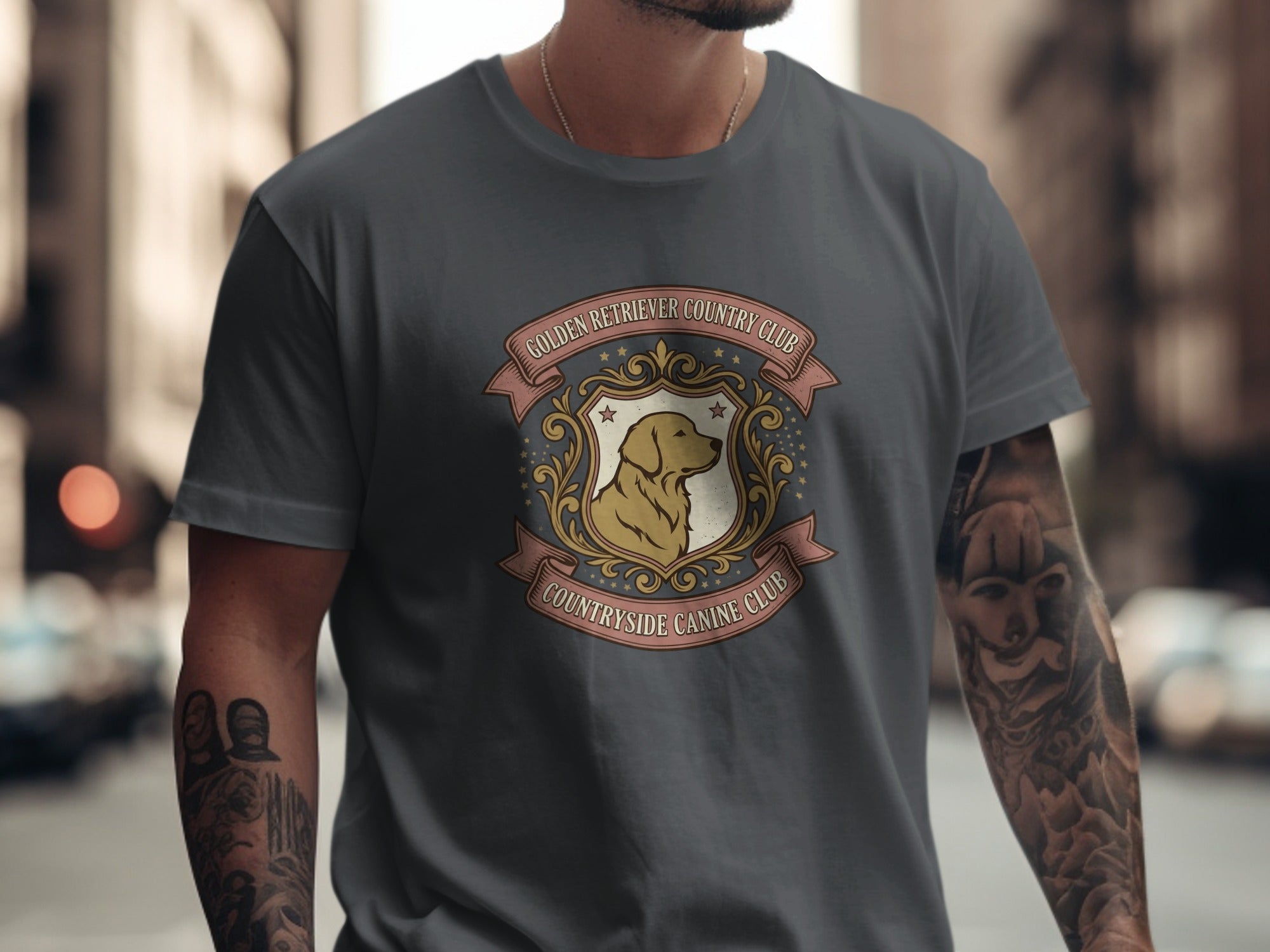 Golden Retriever Countryside Canine Club logo on a dark gray t-shirt.