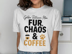 White t-shirt with text: Golden Retriever Mom, Fur, Chaos & Coffee.