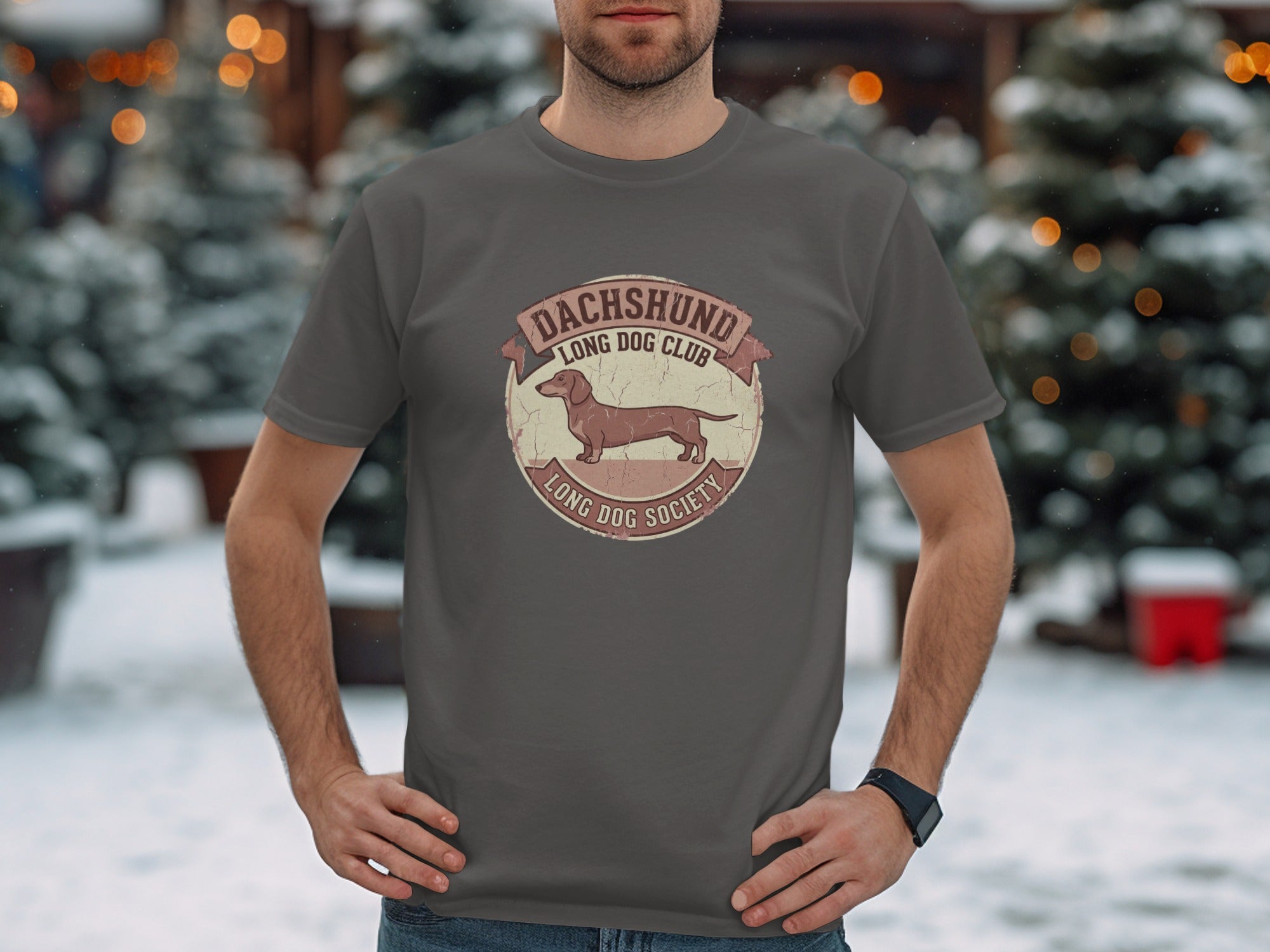 Brown t-shirt with a "Dachshund Long Dog Club" logo featuring a dachshund silhouette.