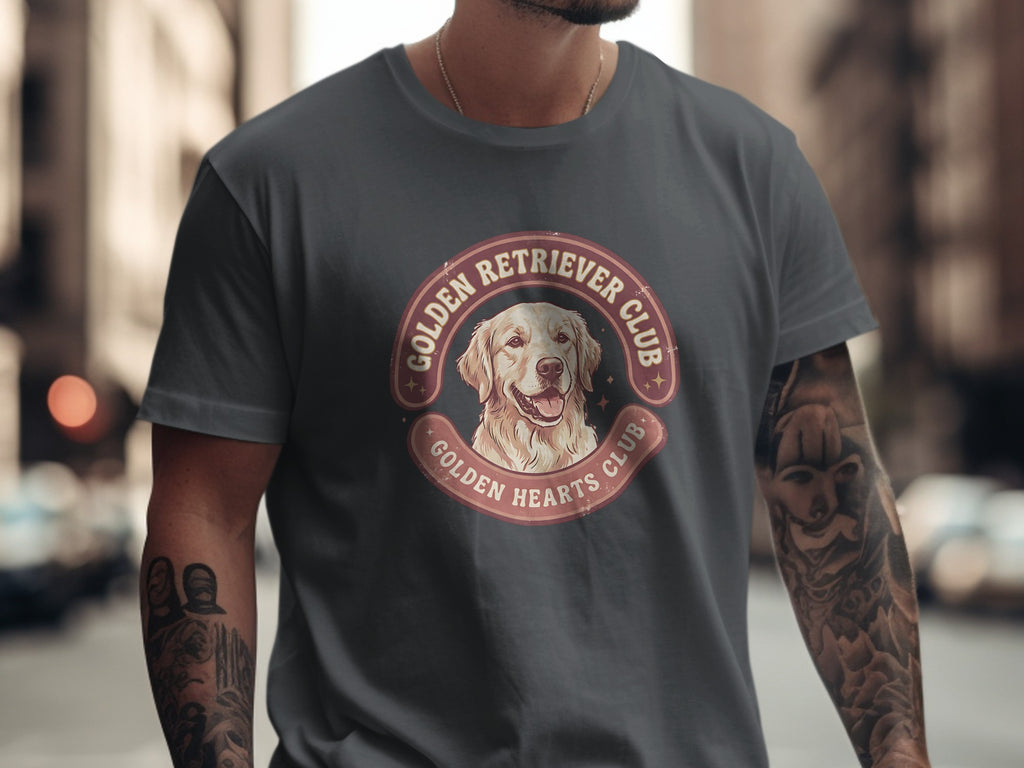 Golden Retriever Club t-shirt with a golden retriever's head on a circular emblem.