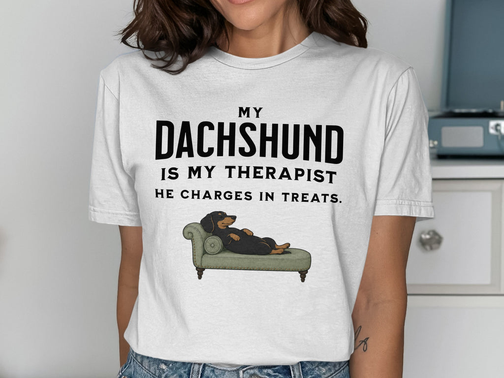 White t-shirt with Dachshund therapist graphic and text.