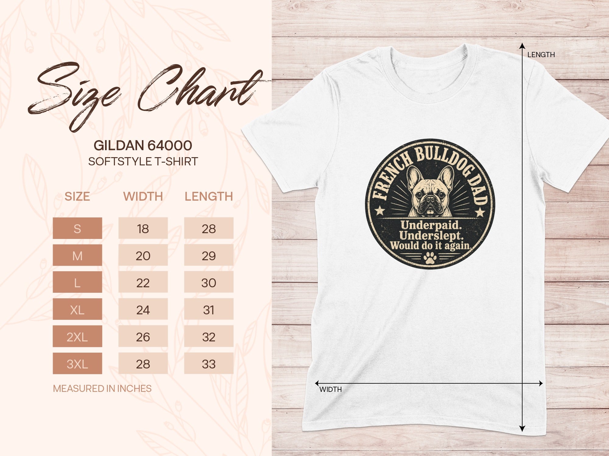 Gildan 64000 softstyle t-shirt size chart with French Bulldog Dad print