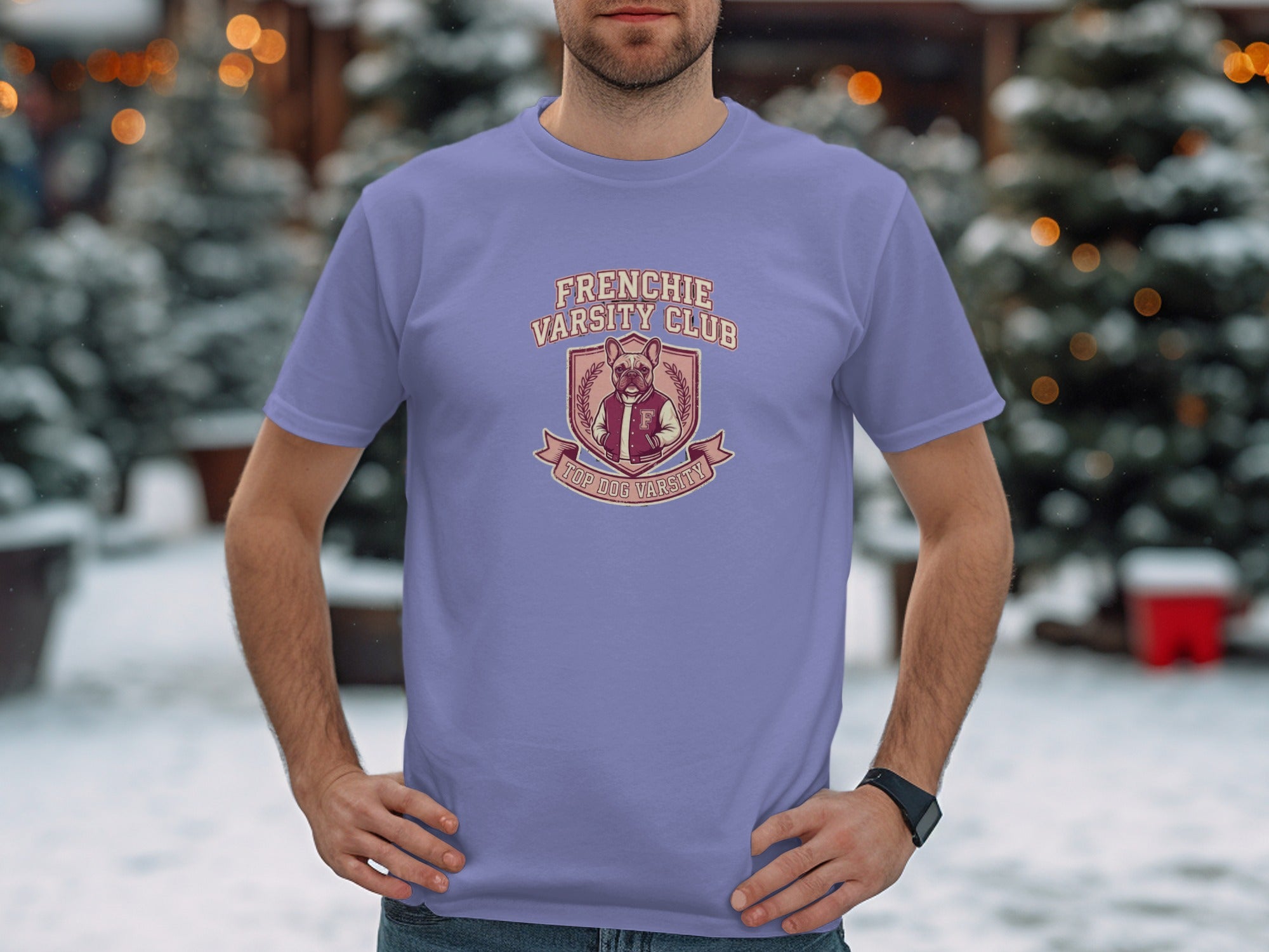 Purple t-shirt with "Frenchie Varsity Club" shield logo on chest.