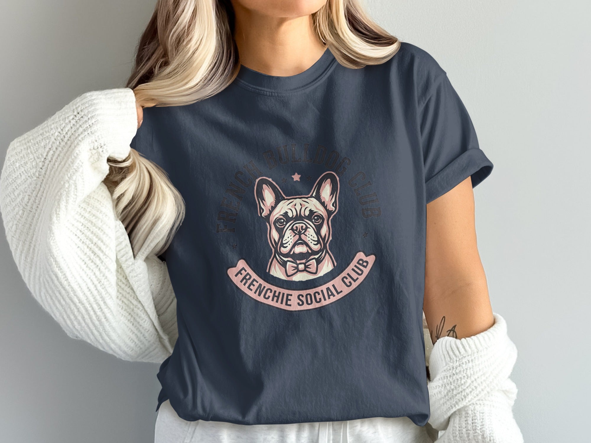 French bulldog graphic on dark t-shirt with "French Bulldog Social Club" text.