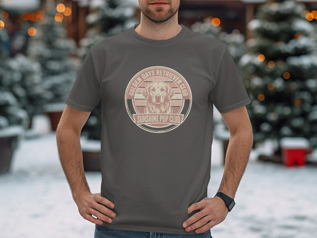 Golden Retriever graphic t-shirt with "Golden Days Retriever Club Sunshine Pup Club" text.
