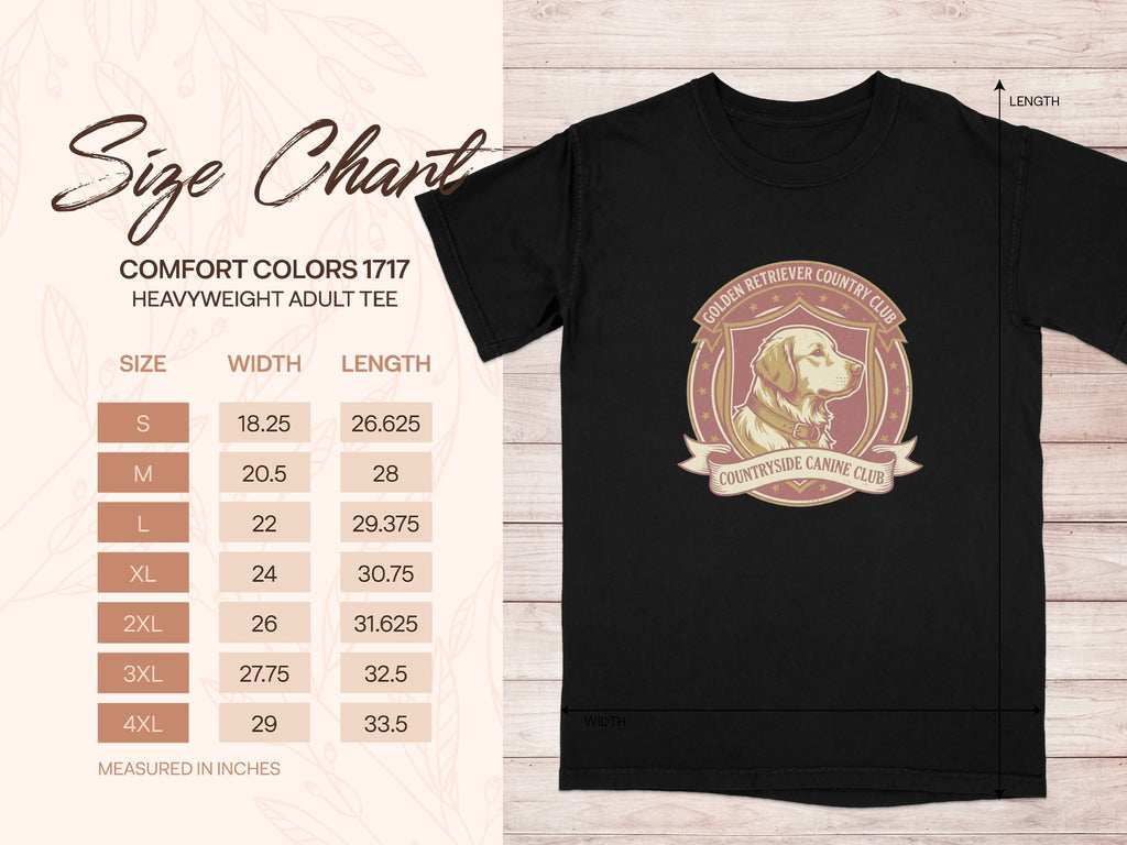 Comfort Colors 1717 size chart for heavyweight adult tee with Golden Retriever graphic.