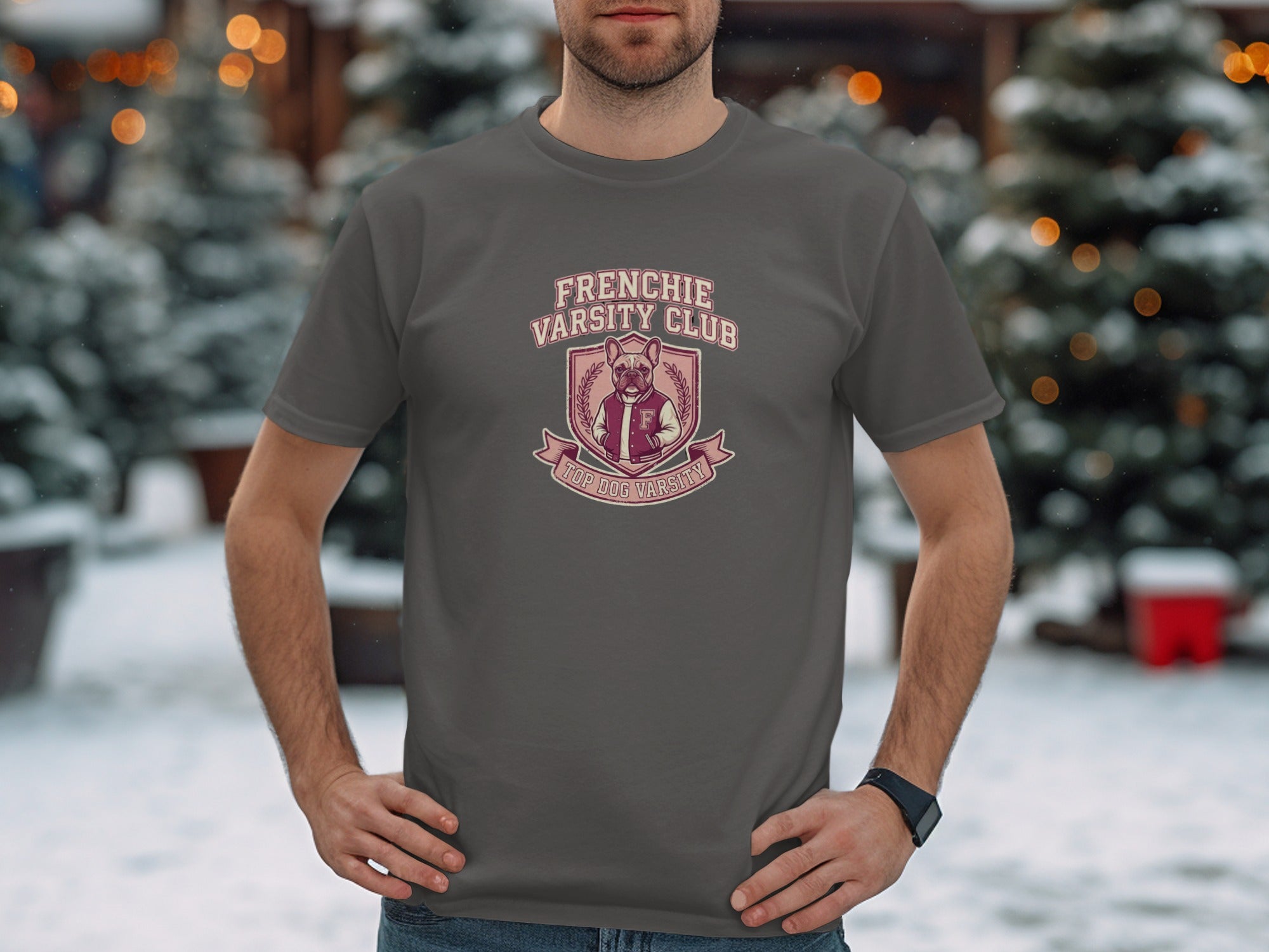 Dark grey t-shirt with "Frenchie Varsity Club" graphic and dog in shield.
