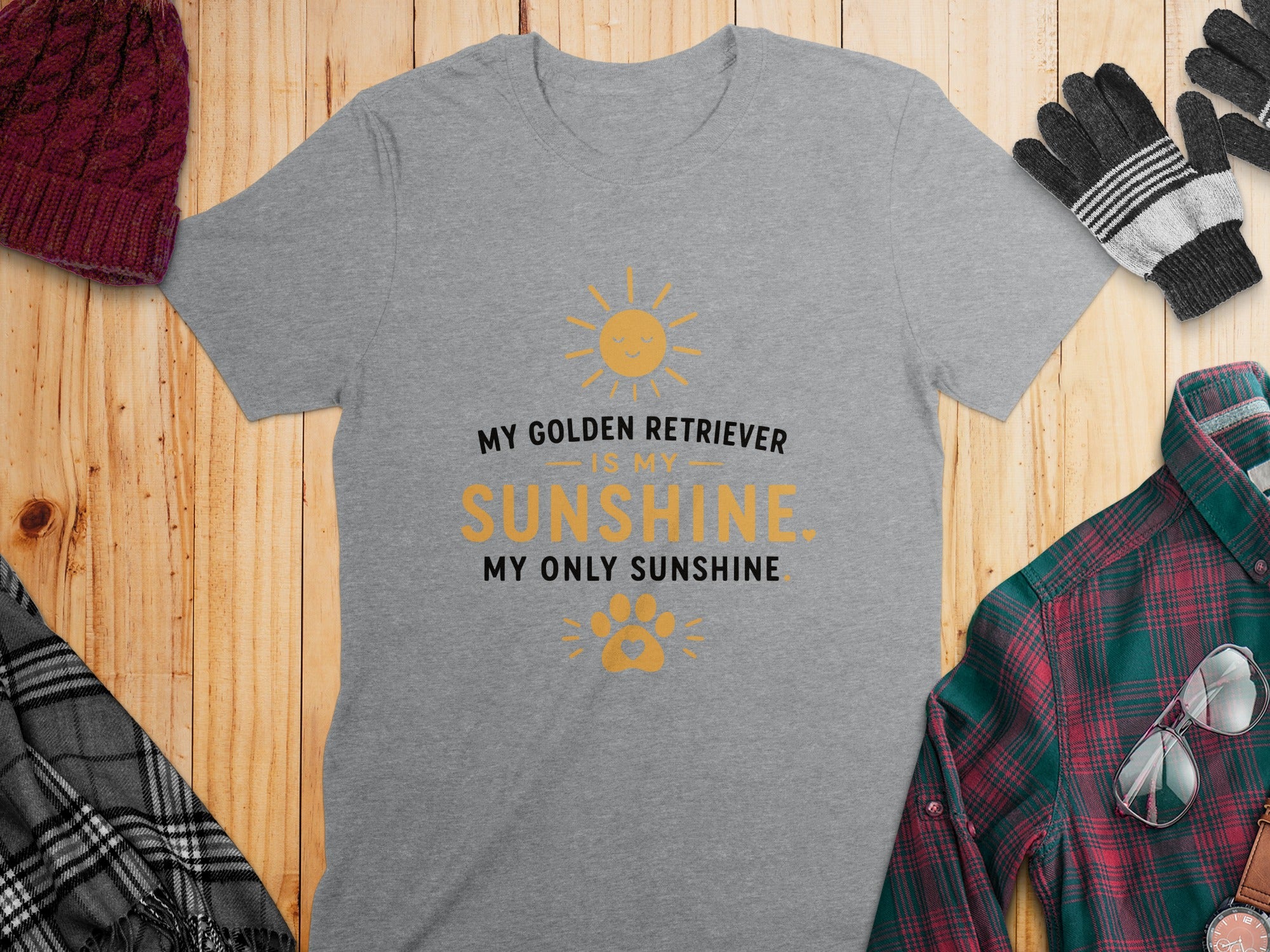 Grey t-shirt with "My Golden Retriever is my sunshine" text and paw print.