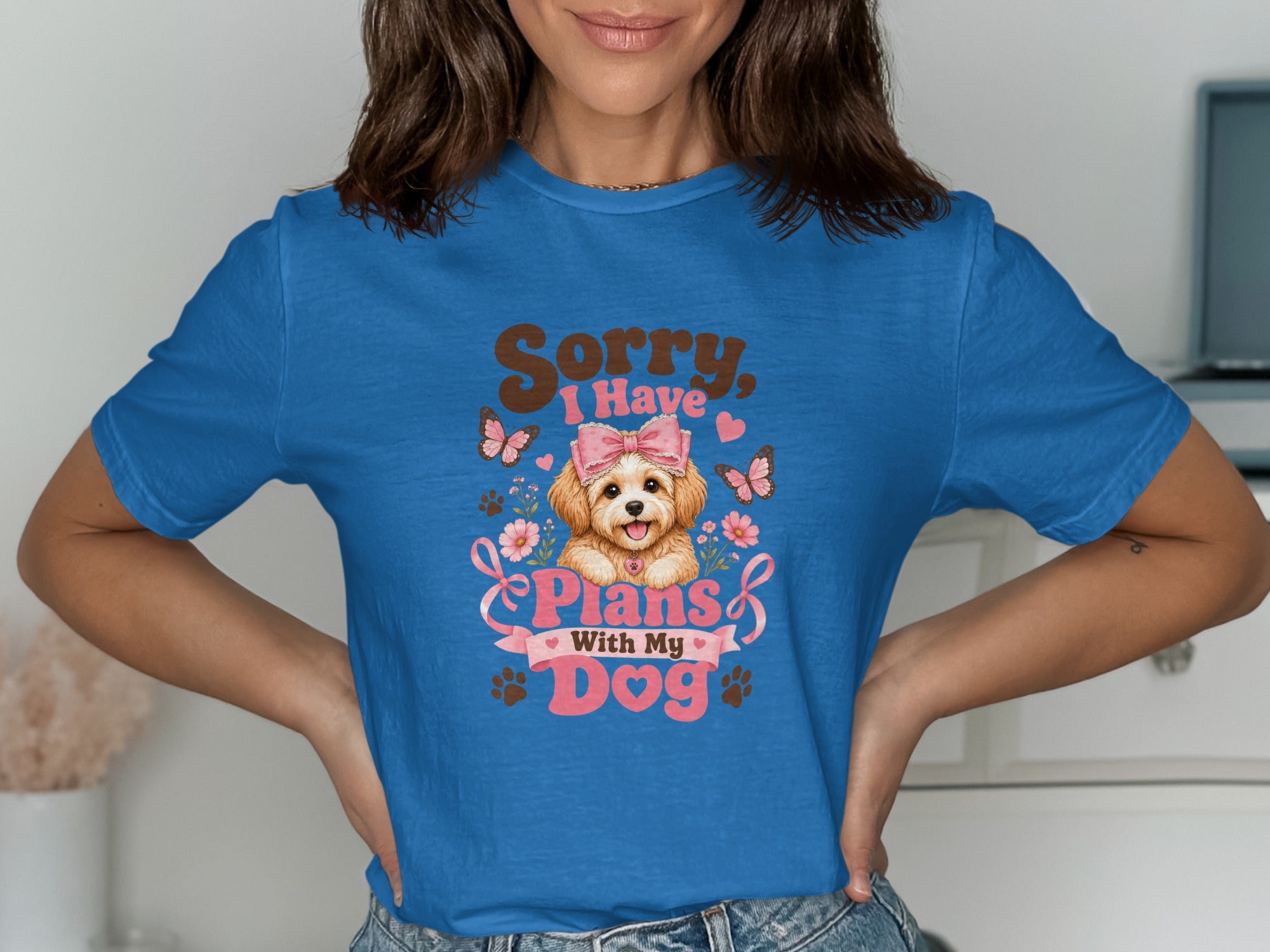 Blue t-shirt with "Sorry, I Have Plans With My Dog" text and a puppy graphic.